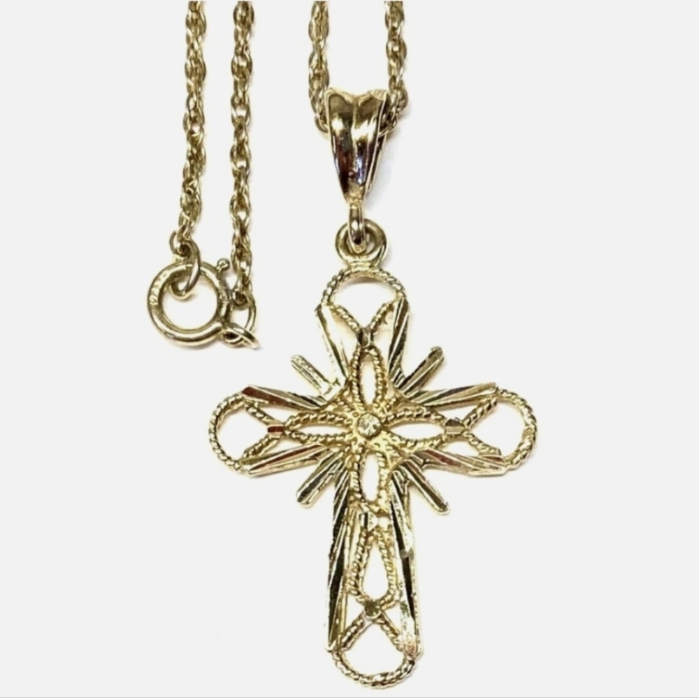✝️Gold Over Sterling Silver Filigree Cross Pendant Necklace Braided Wheat Chain